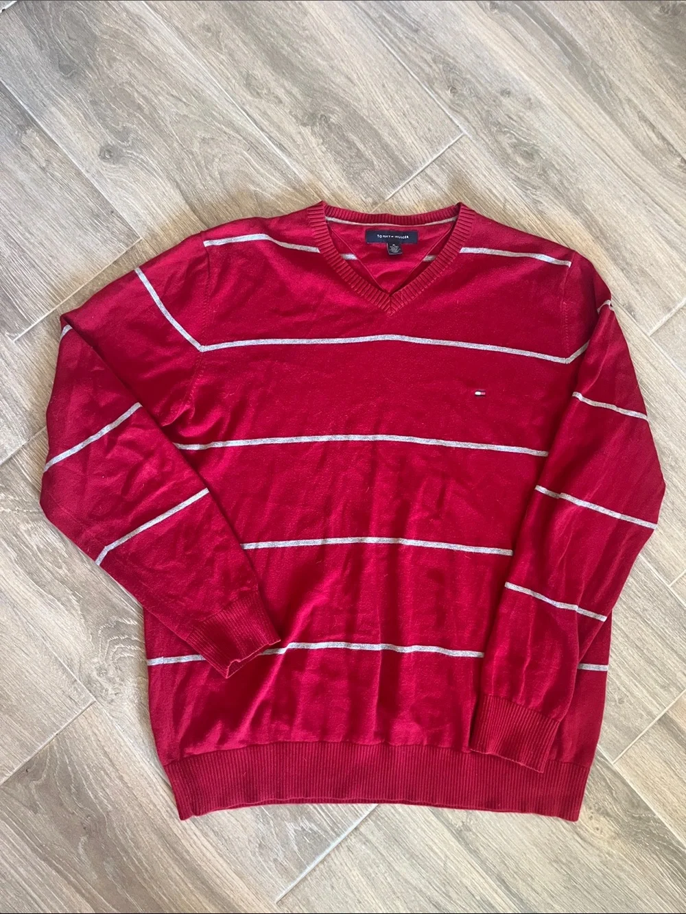 Tommy Hilfiger Men’s Red V-Neck Sweater with Thin White Stripes